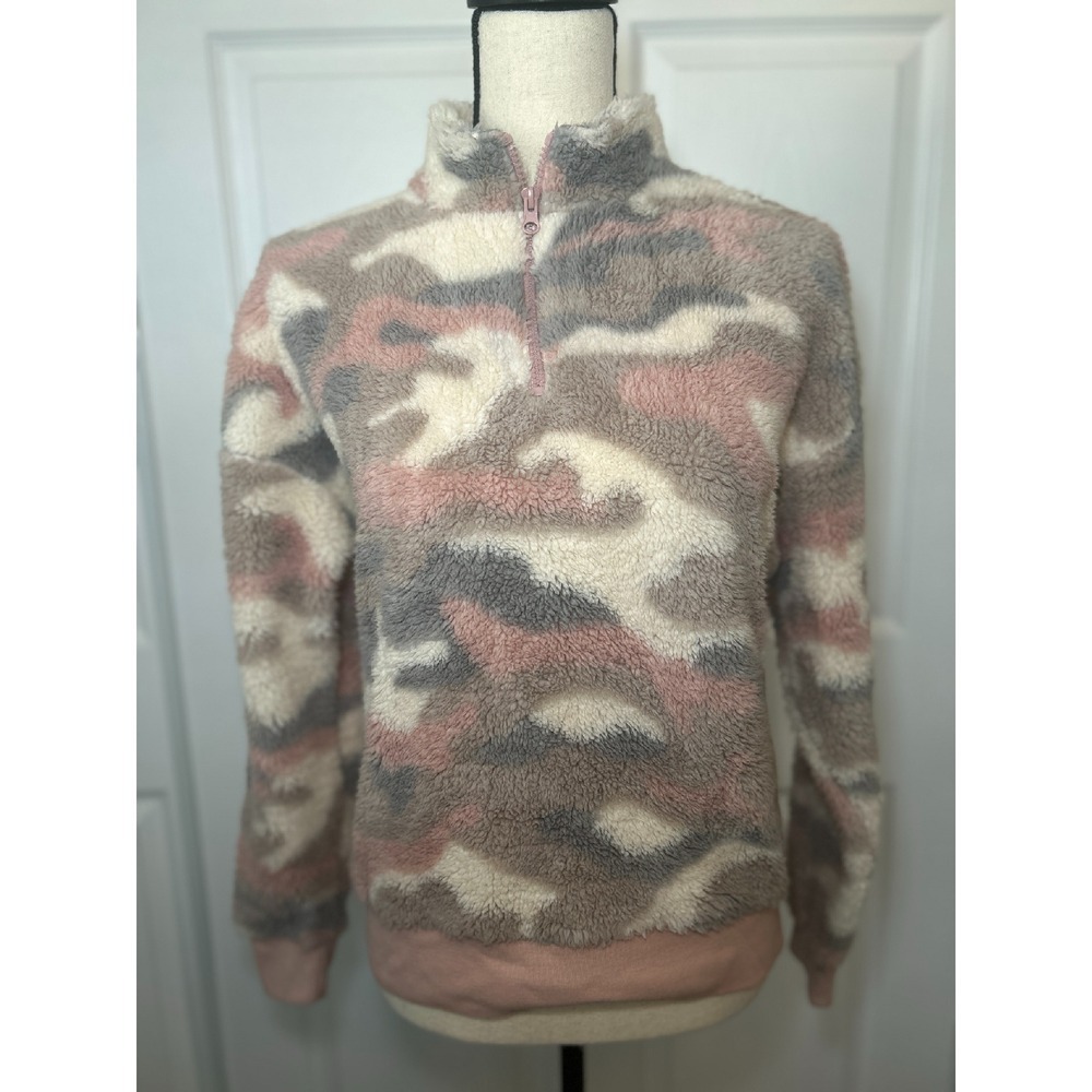 Grayson Threads‎ Teddy Fuzzy Pink Camo 1/4 Zip Sweatshirt Size Small